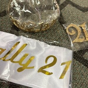 Gold Finally Legal 21st Birthday tiara broach and sash all new